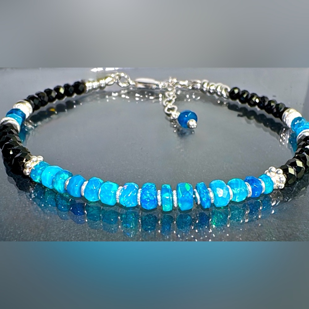 ✨Rare Paraiba Blue Opal and Black Spinel Bracelet in Sterling Silver